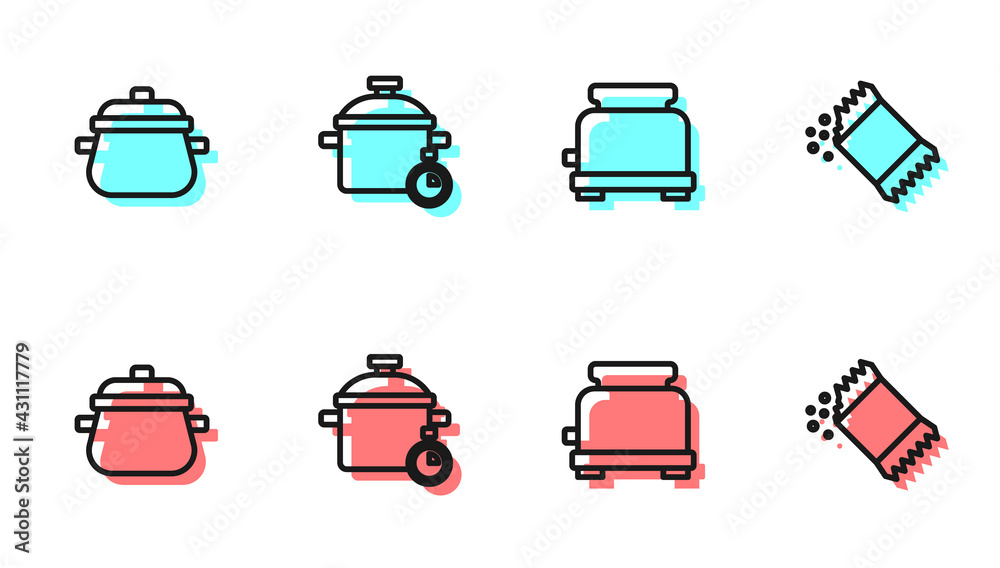 Set line Toaster, Cooking pot, and Packet of pepper icon. Vector