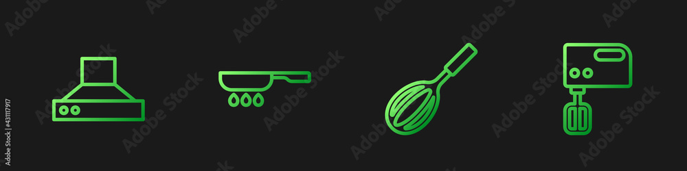 Set line Kitchen whisk, extractor fan, Frying pan and Electric mixer. Gradient color icons. Vector