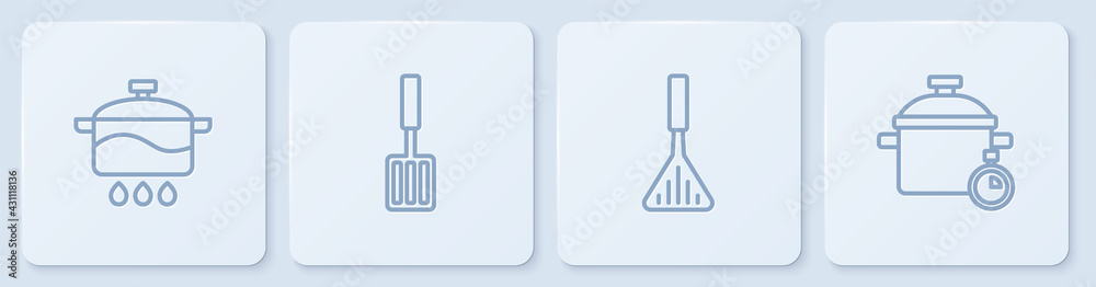 设置线烹饪锅、烧烤抹刀和白色方形按钮。矢量