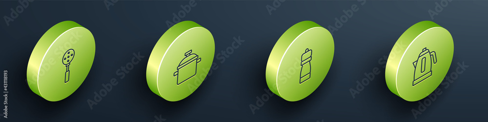 Set Isometric line Spatula, Cooking pot, Pepper and Electric kettle icon. Vector