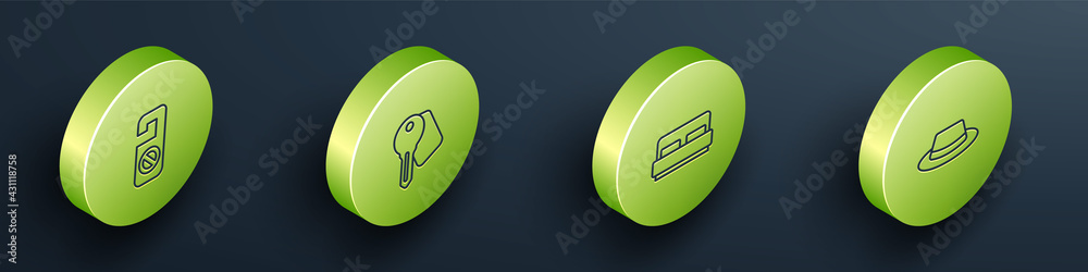 Set Isometric line Please do not disturb, Hotel door lock key, room bed and Man hat with ribbon icon