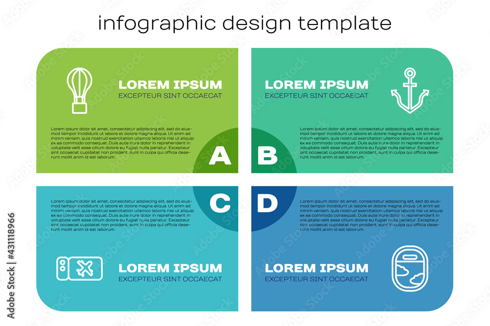 设置线路机票、热气球、飞机窗口和锚。商业信息图模板。