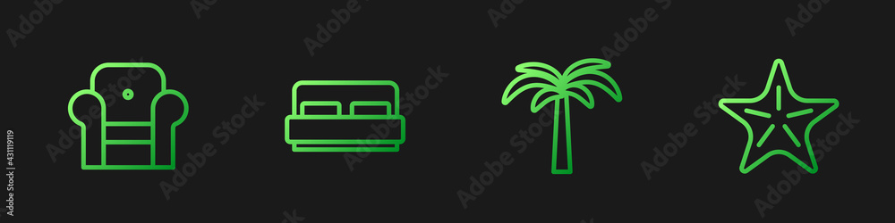 Set line Tropical palm tree, Armchair, Hotel room bed and Starfish. Gradient color icons. Vector