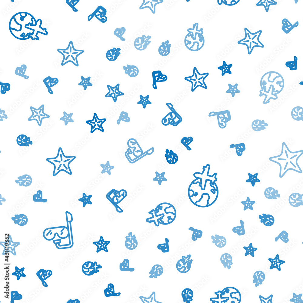 Set line Diving mask and snorkel, Globe with flying plane and Starfish on seamless pattern. Vector