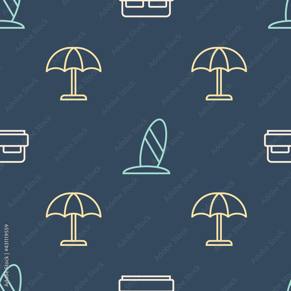 Set line Hotel room bed, Sun protective umbrella and Surfboard on seamless pattern. Vector