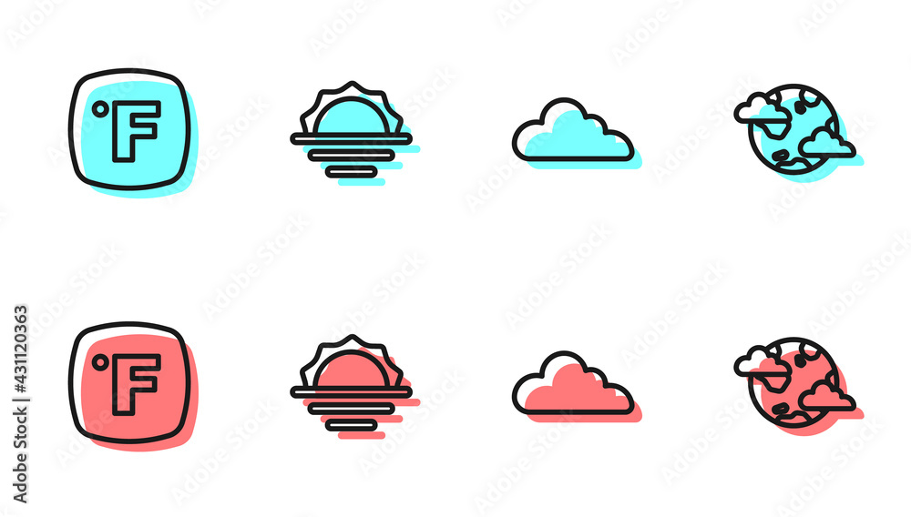 Set line Cloud, Fahrenheit, Sunrise and Earth planet with clouds icon. Vector