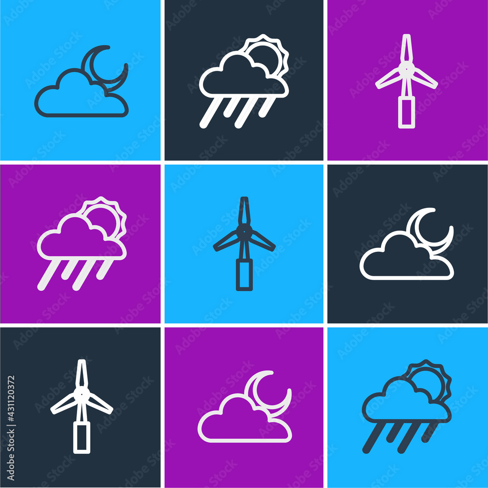 Set line Cloud with moon, Wind turbine and rain and sun icon. Vector