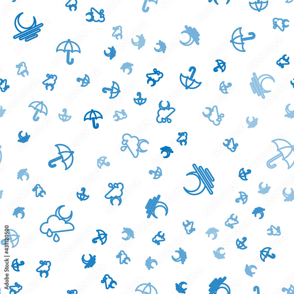 Set line Cloud with rain and moon, Sunset and Umbrella on seamless pattern. Vector