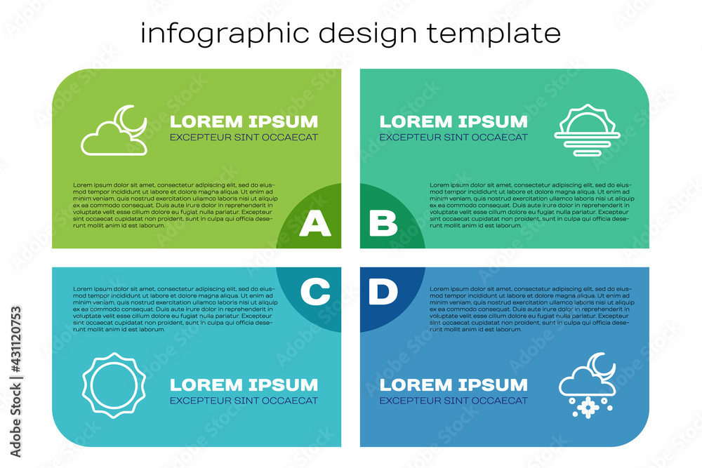 设定太阳、云与月亮、雪与太阳和日出的线。商业信息图模板。矢量