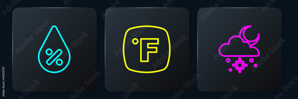 Set line Water drop percentage, Cloud with snow and sun and Fahrenheit. Black square button. Vector