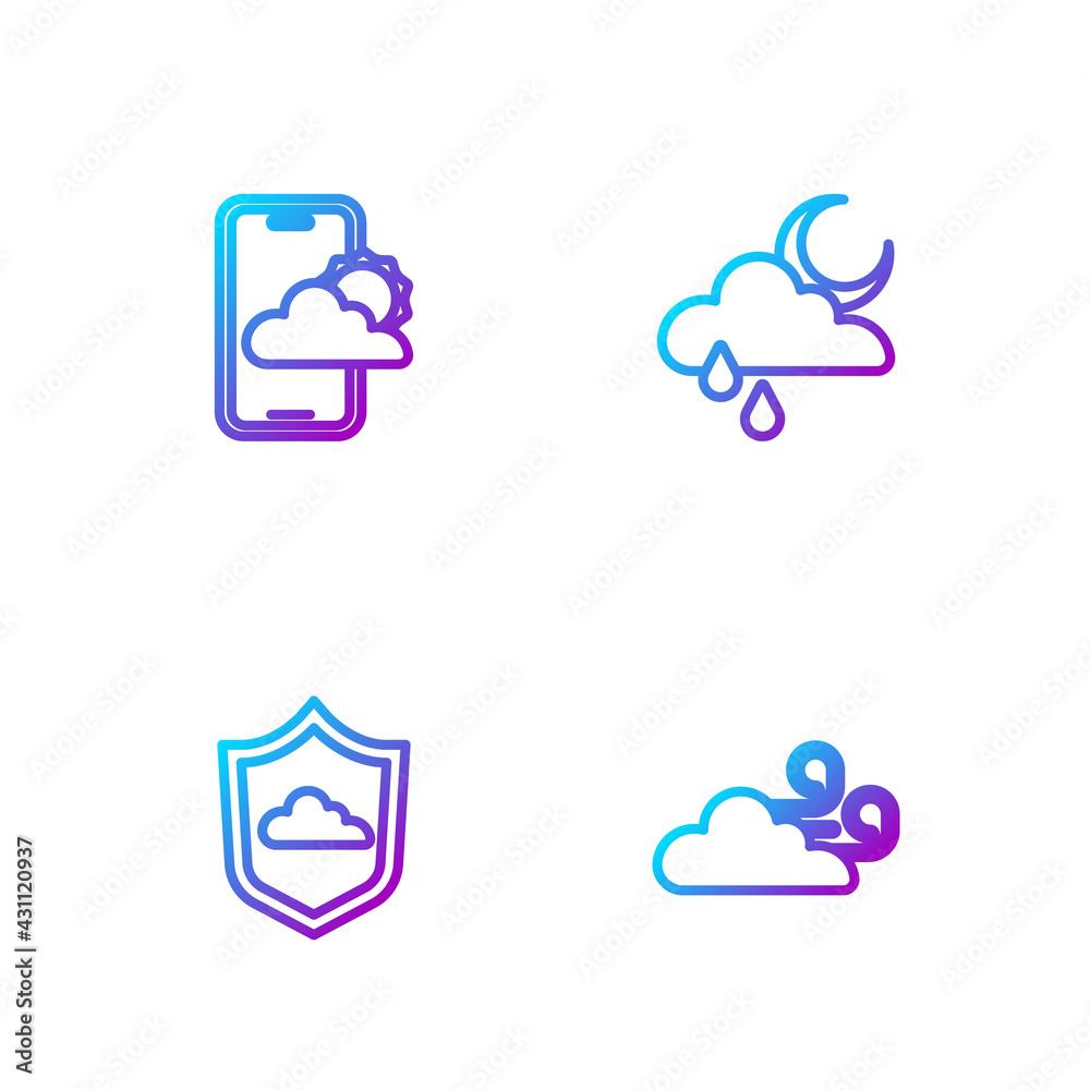 Set line Windy weather, Weather forecast, and Cloud with rain and moon. Gradient color icons. Vector