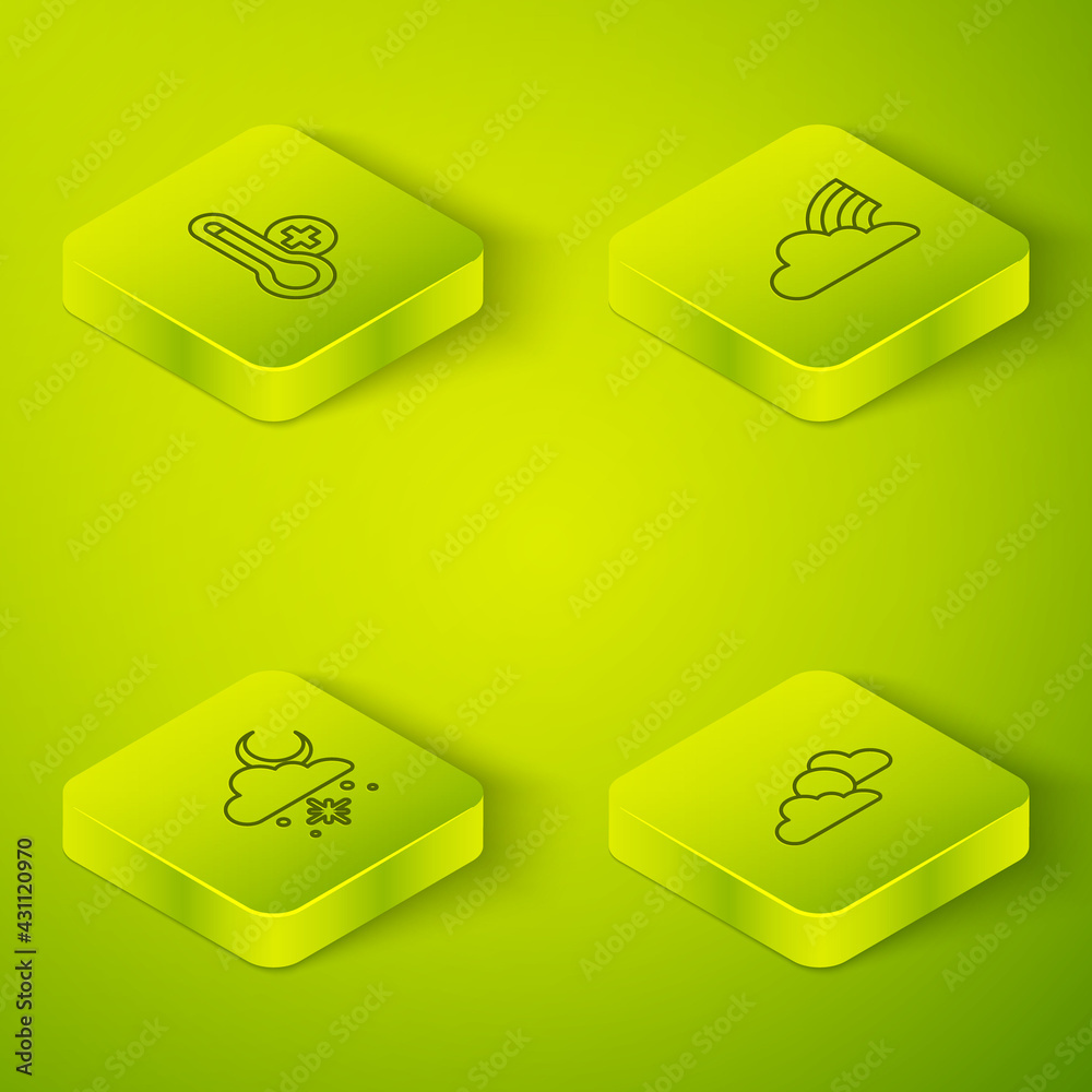 Set Isometric line Rainbow with clouds, Cloud snow and sun, Sun weather and Meteorology thermometer 