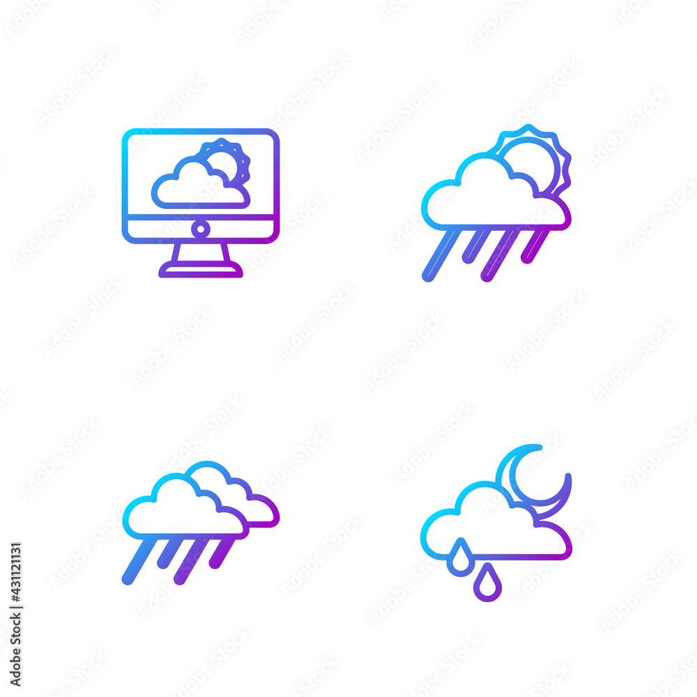 用雨和月亮、天气预报和太阳设置云线。渐变色图标。矢量