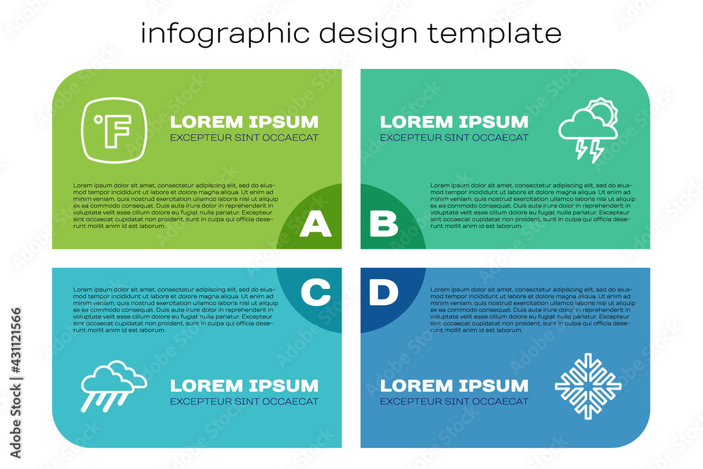 设定降雨、华氏度、雪花和风暴的云线。商业信息图模板。矢量