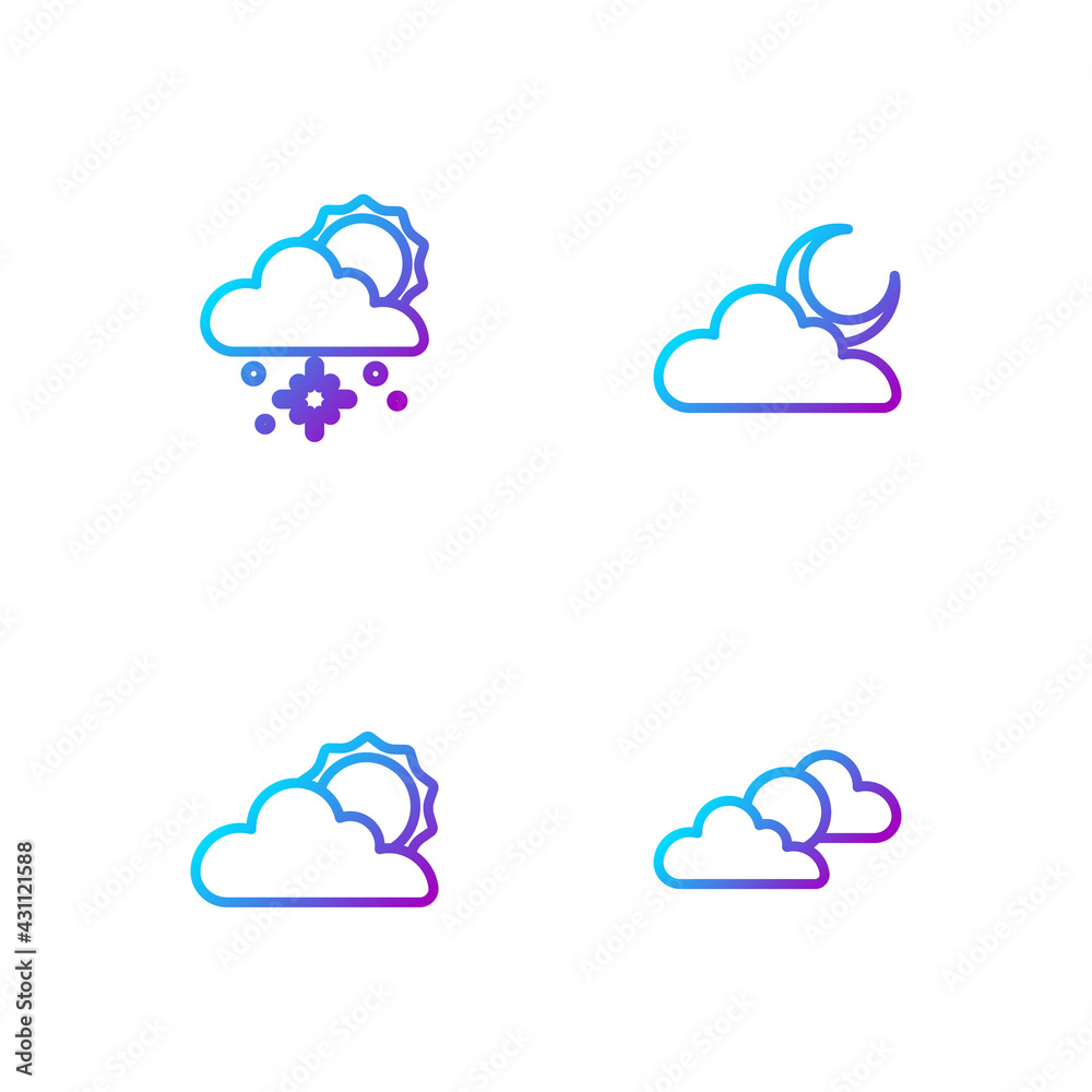 设定太阳和云的天气，有雪的太阳和月亮的云。渐变色图标。矢量