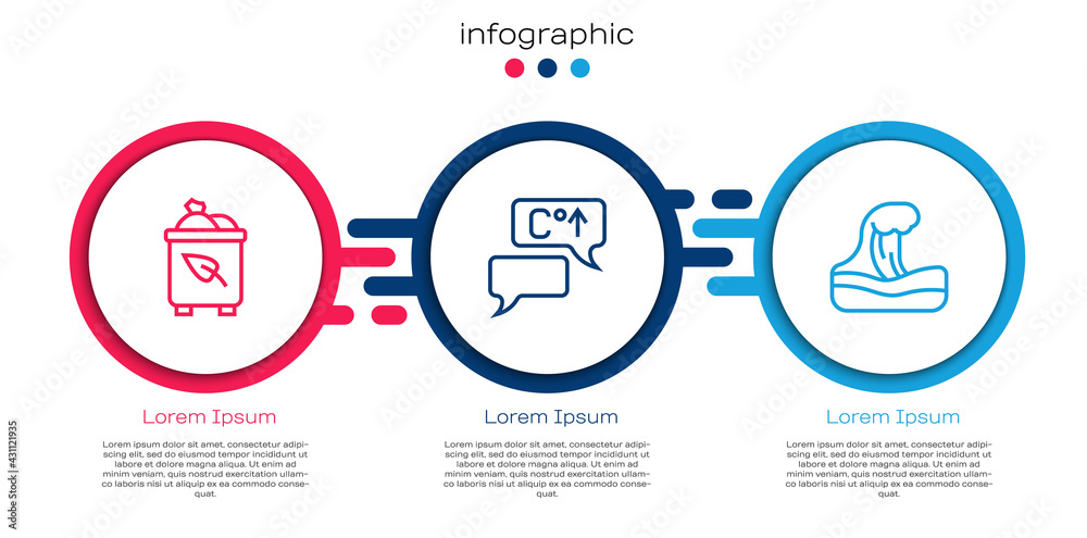 设置回收站，包括回收、全球变暖和海啸。商业信息图模板。矢量