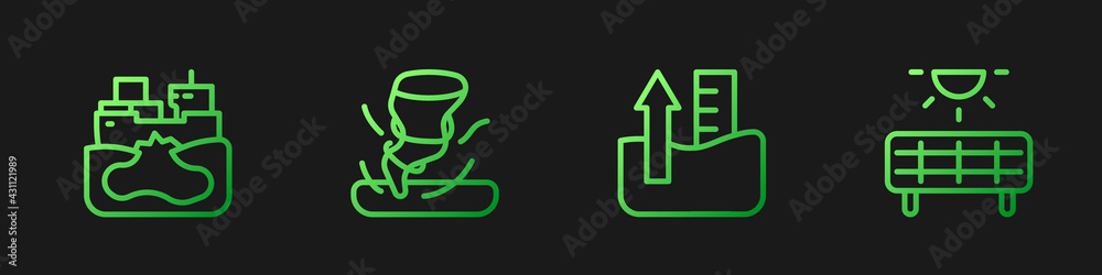 Set line Rise in water level, Wrecked oil tanker ship, Tornado and Solar energy panel. Gradient colo