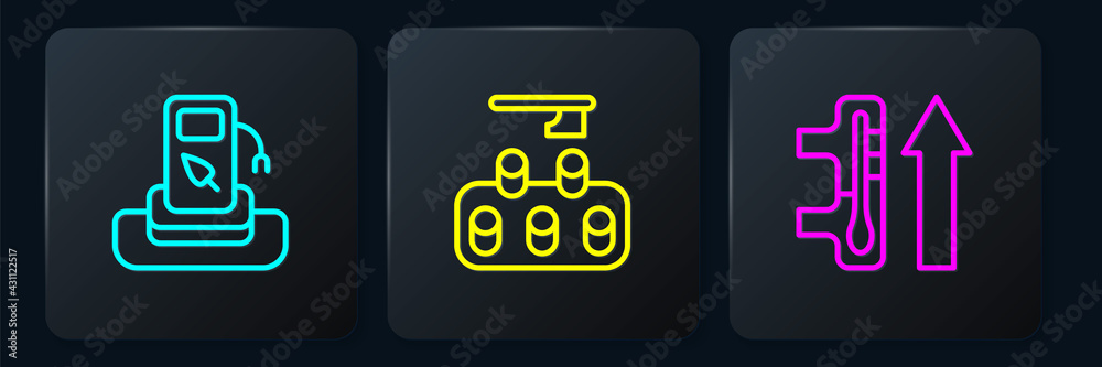 Set line Petrol or gas station, Global warming and Deforestation. Black square button. Vector