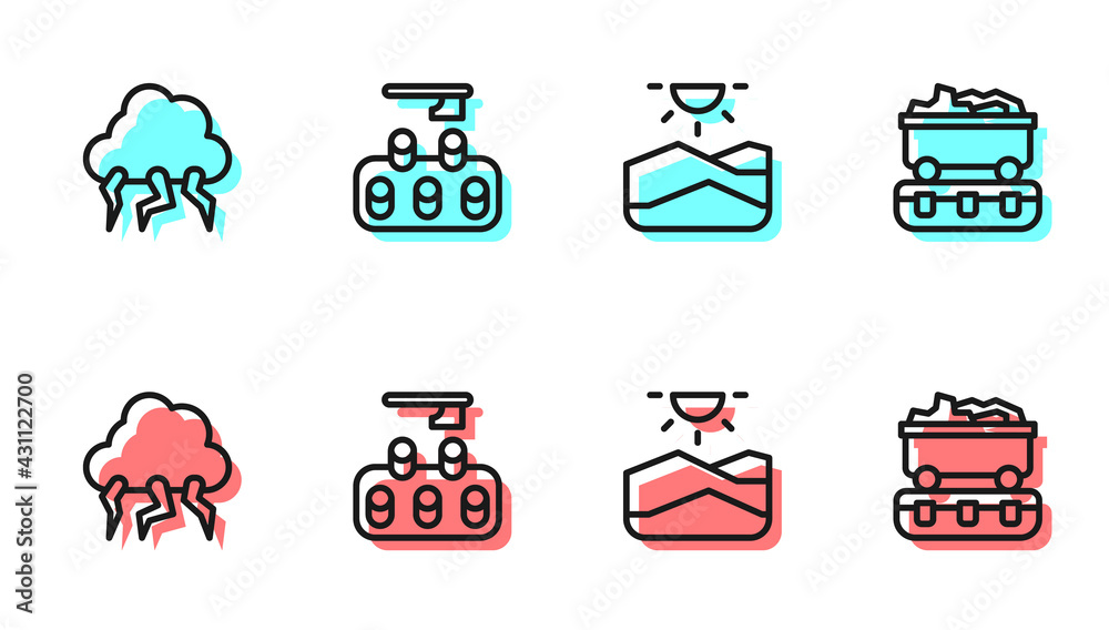 Set line Drought, Storm, Deforestation and Coal train wagon icon. Vector