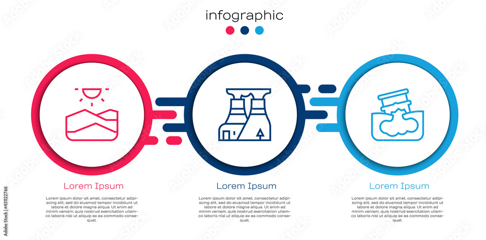 设定线干旱、核电站和桶式漏油。商业信息图模板。矢量