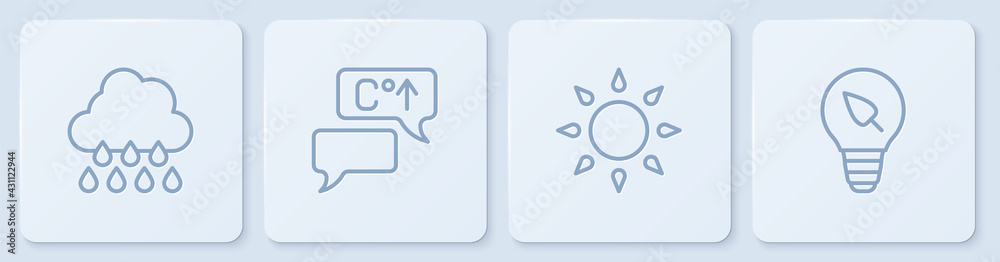 Set line Cloud with rain, Sun, Global warming and Light bulb leaf. White square button. Vector