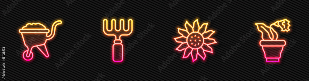 Set line Flower，Wheelbarrow with dirt，Garden rake and in pot.Glowing neon icon.Vector（设定线条花朵，带泥土的手推车