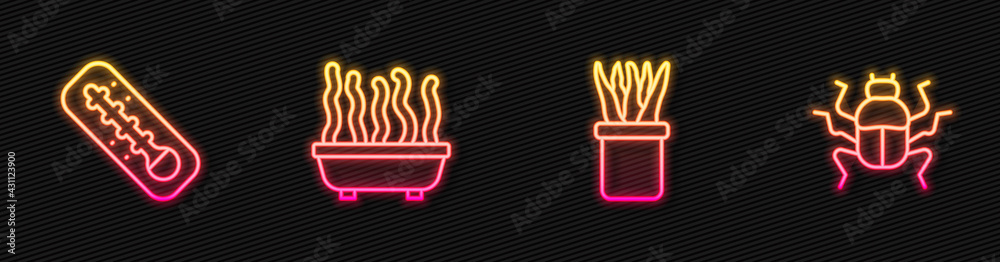 Set line Plant in pot, Meteorology thermometer, and Beetle bug. Glowing neon icon. Vector