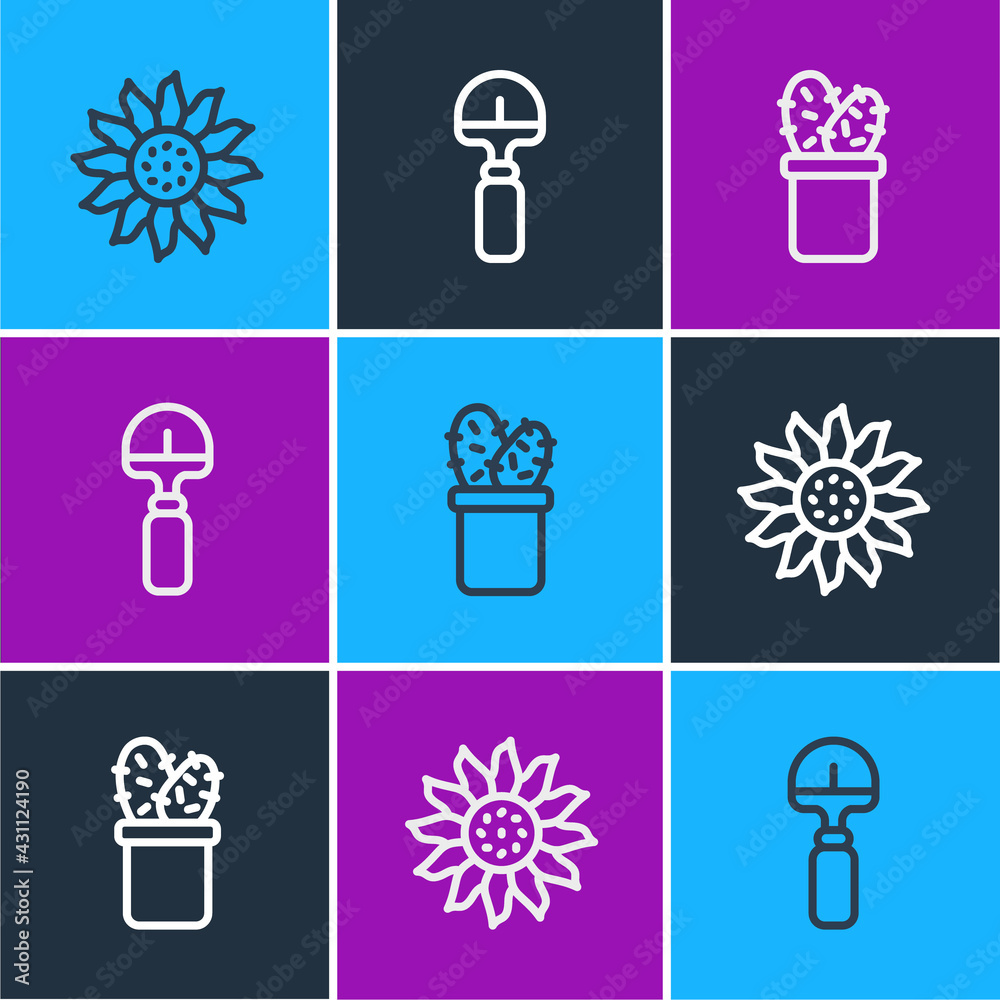 Set line Flower, Cactus peyote in pot and Shovel icon. Vector