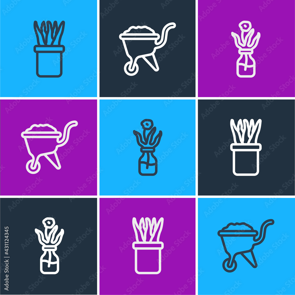 Set line Plant in pot, Flower glass bottle and Wheelbarrow with dirt icon. Vector