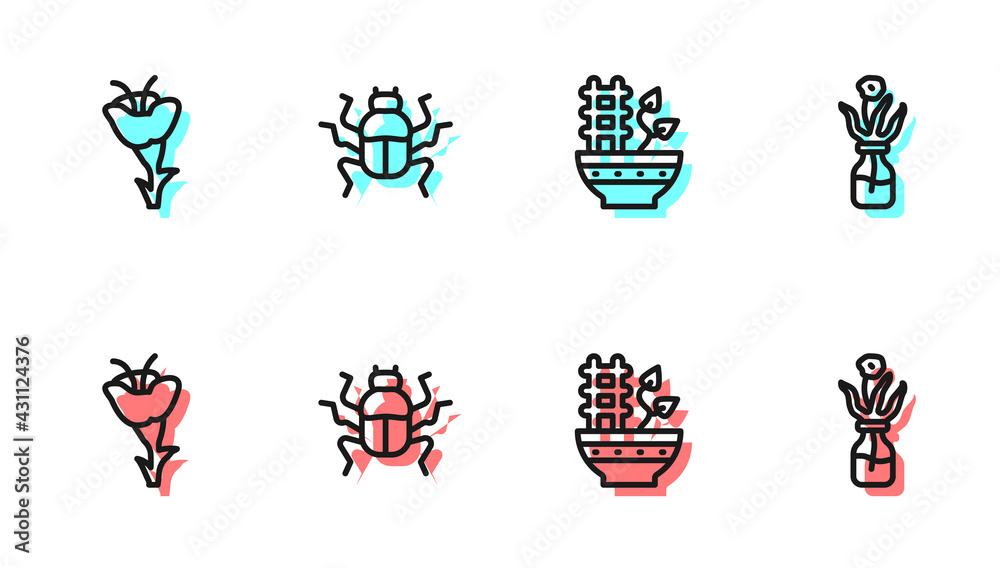 Set line Plant in pot, Flower, Beetle bug and glass bottle icon. Vector