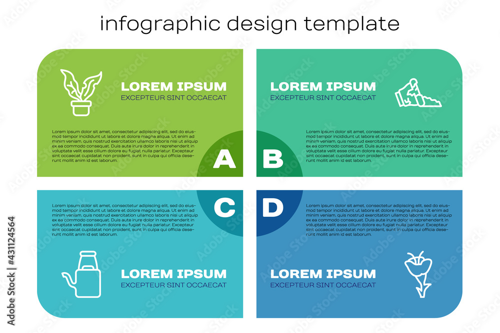 设置线浇水罐，花盆，花卉和破碎。商业信息图模板。矢量