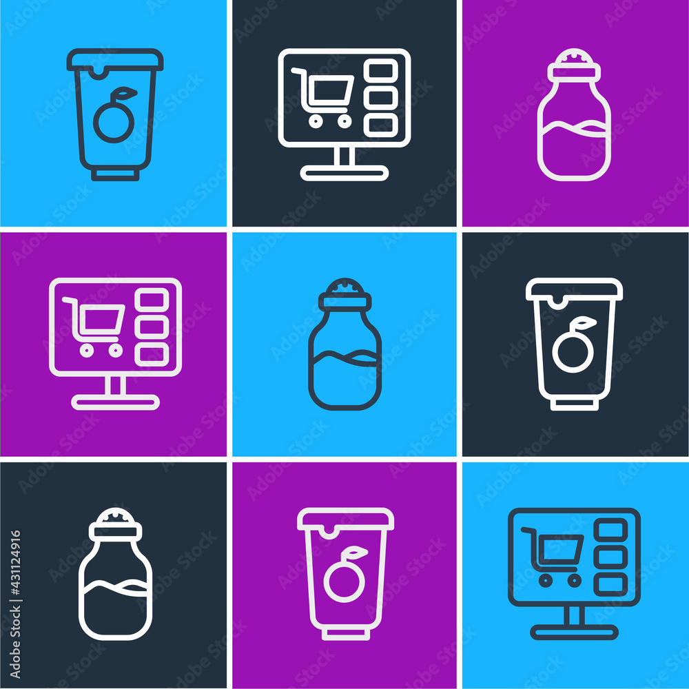 Set line Yogurt container, Spice can and Shopping cart computer icon. Vector