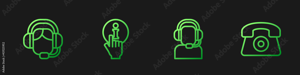 Set line Man with a headset, Woman, Information and Telephone 24 hours support. Gradient color icons