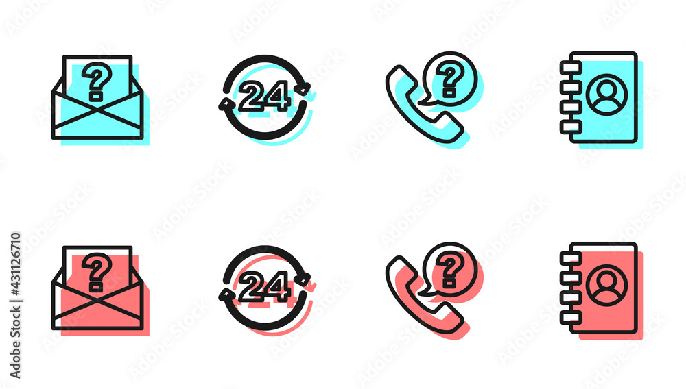 Set line Telephone 24 hours support, Envelope with question mark, and Address book icon. Vector