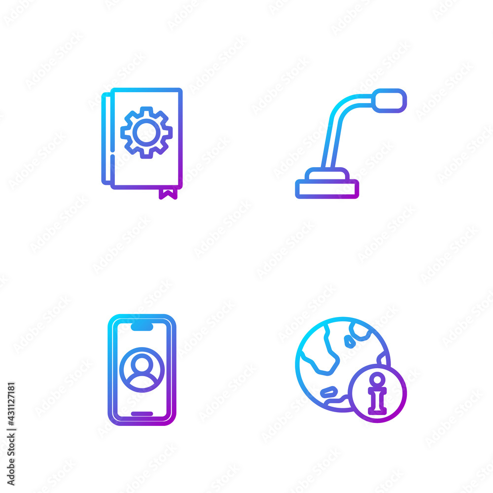 Set line Information, Telephone 24 hours support, User manual and Microphone. Gradient color icons. 