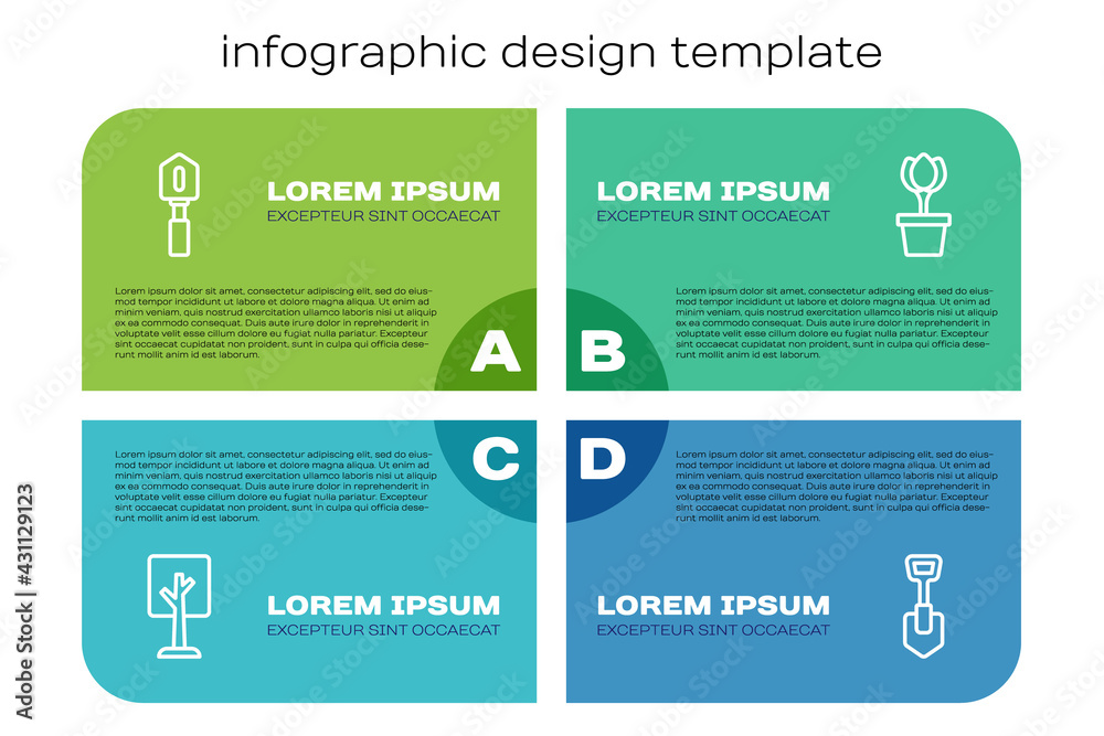 将森林、铲子和郁金香放在花盆里。商业信息图模板。矢量