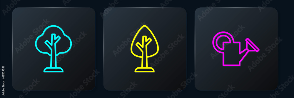 Set line Forest, Watering can and . Black square button. Vector