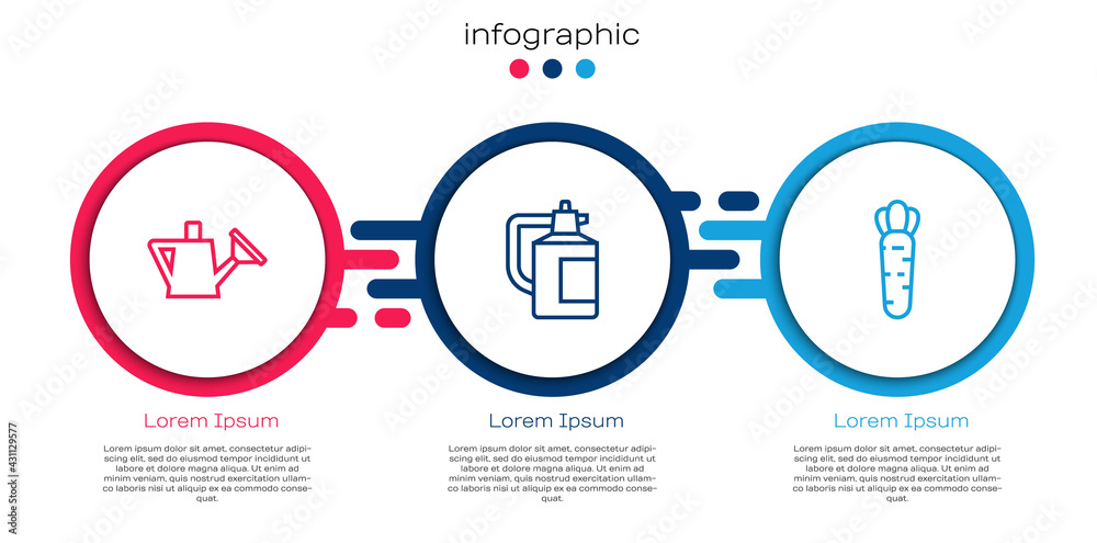 设置线洒水罐，用于肥料和胡萝卜的花园喷雾器。商业信息图模板。Vect