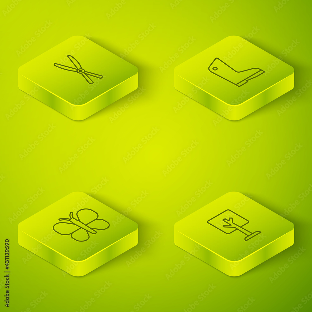 Set Isometric line Rubber gloves, Butterfly, Forest and Gardening handmade scissors icon. Vector