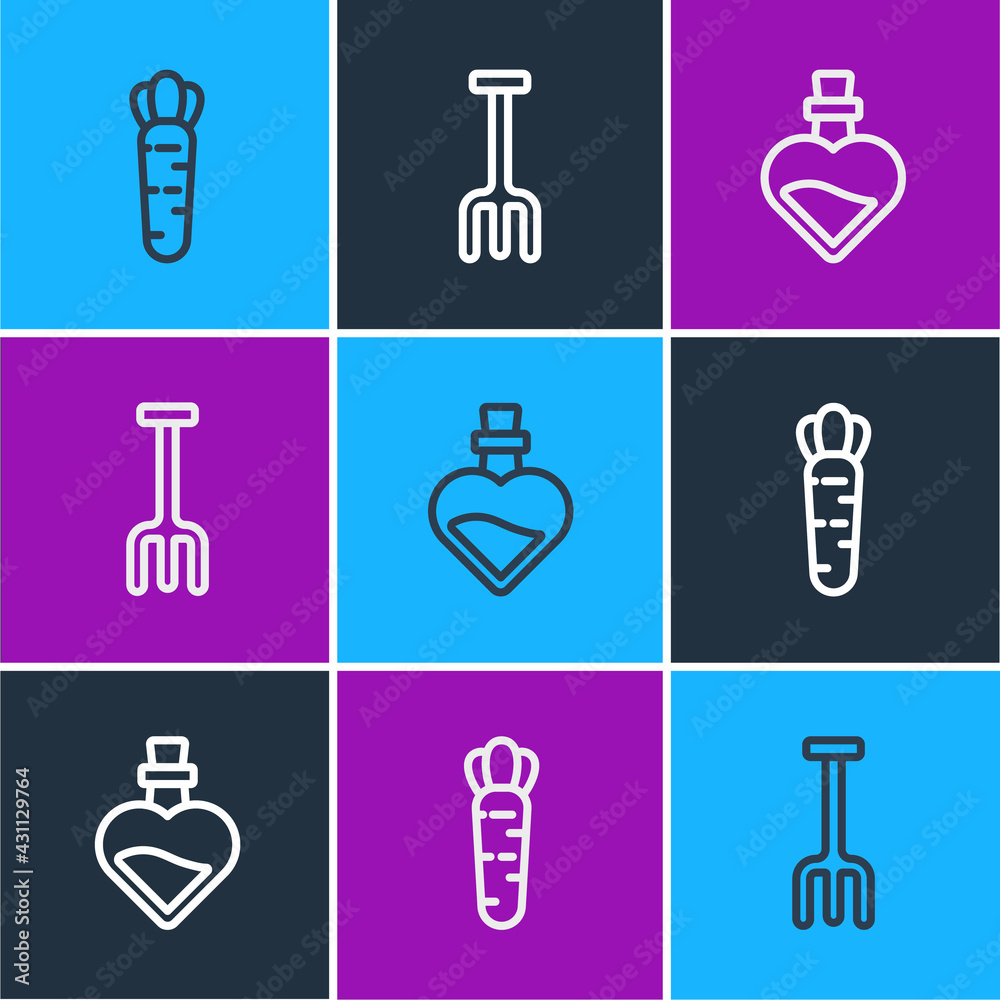 Set line Carrot, Bottle with love potion and Garden rake icon. Vector