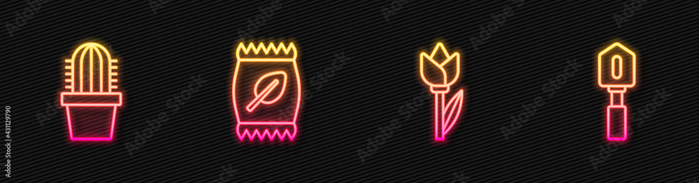 Set line Flower tulip, Cactus peyote in pot, Fertilizer bag and Shovel. Glowing neon icon. Vector