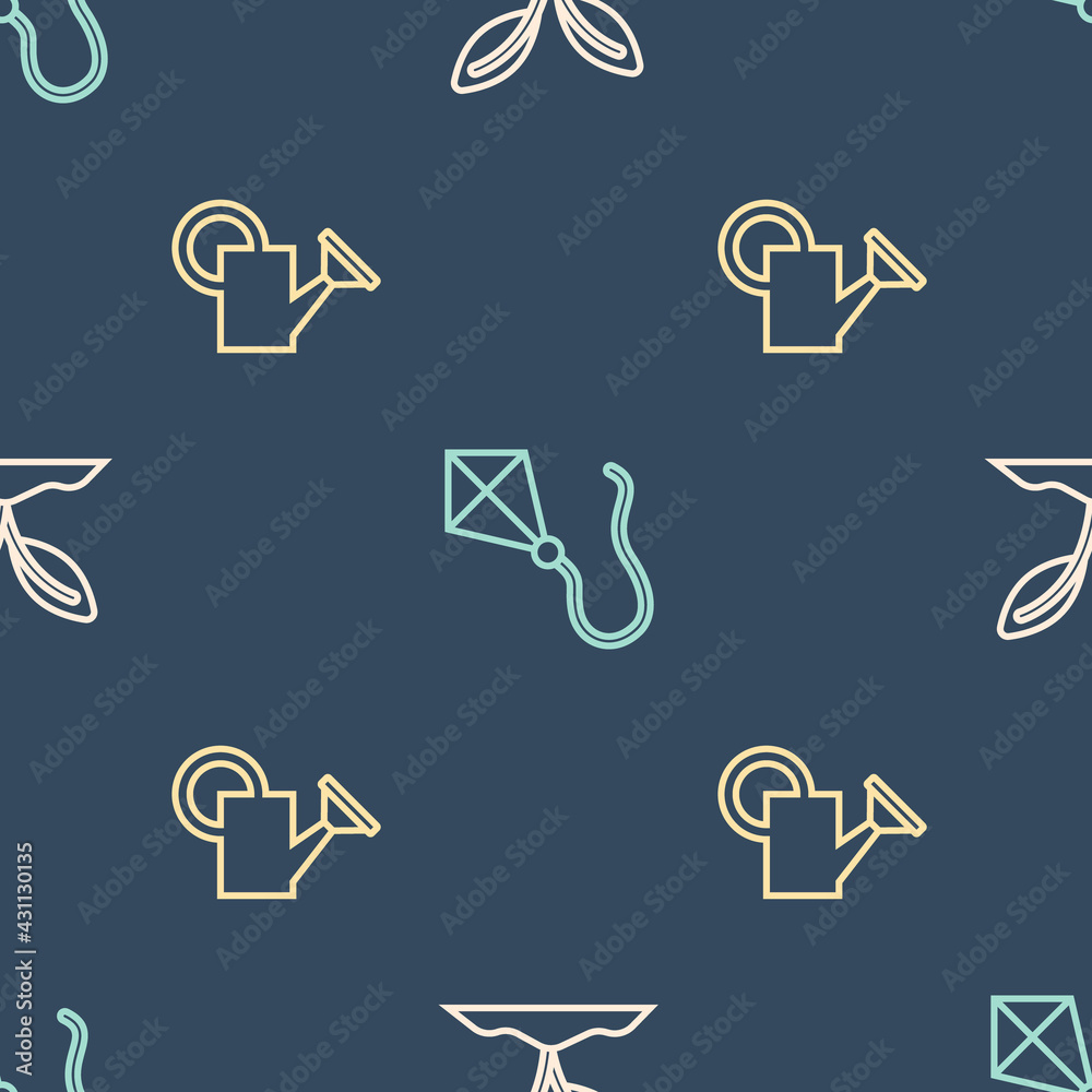 Set line Sprout, Watering can and Kite on seamless pattern. Vector