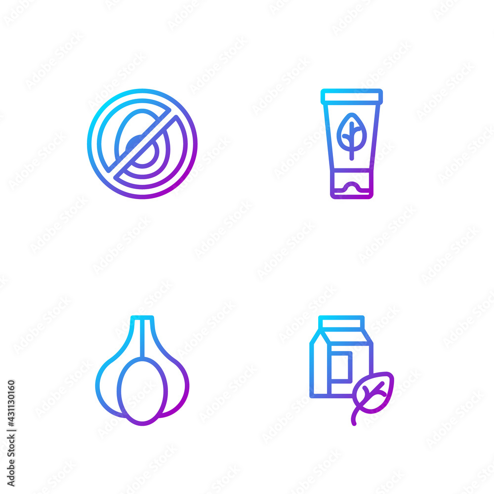 Set line Vegan milk, Garlic, No meat and Organic cosmetic. Gradient color icons. Vector