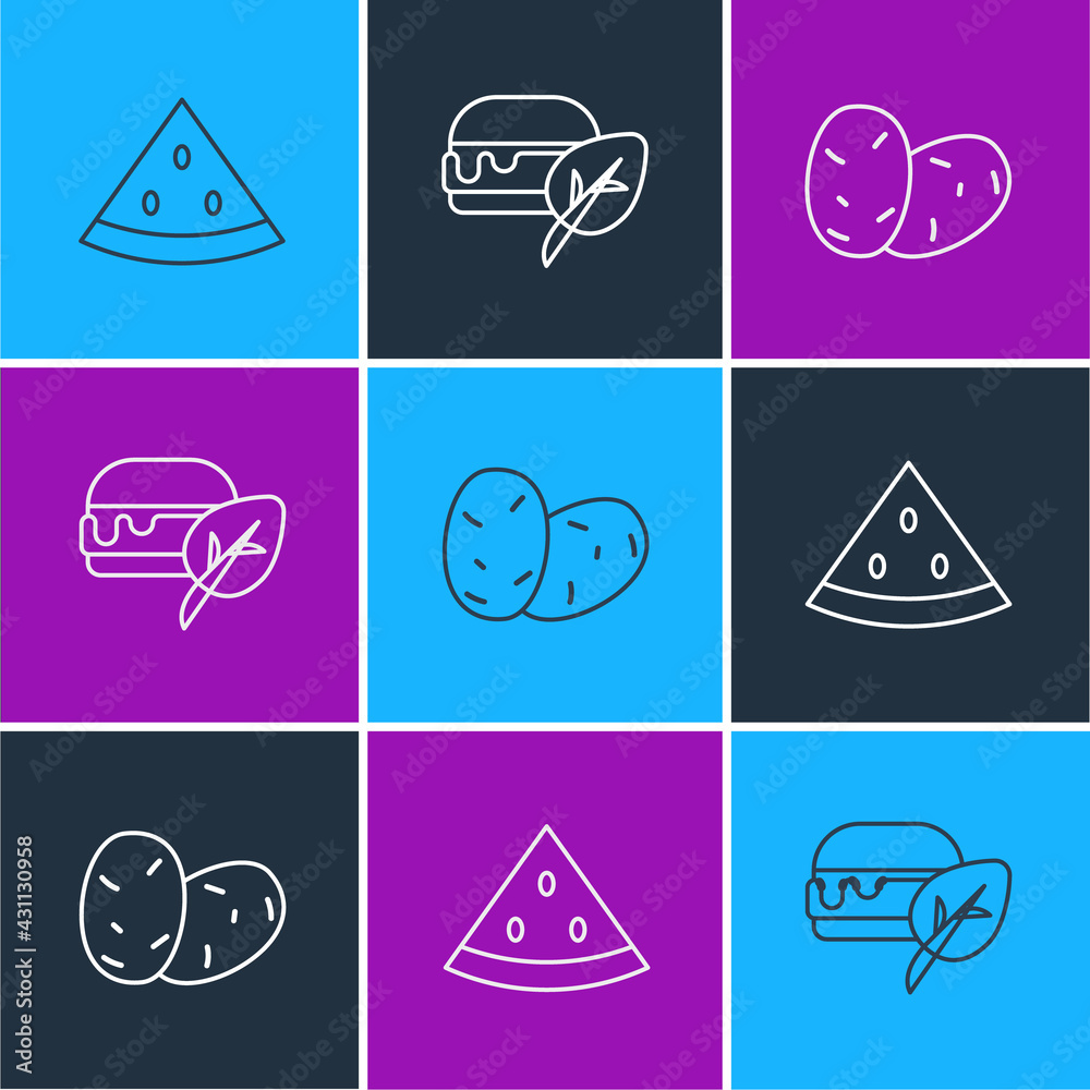 Set line Watermelon, Potato and Vegan food diet icon. Vector