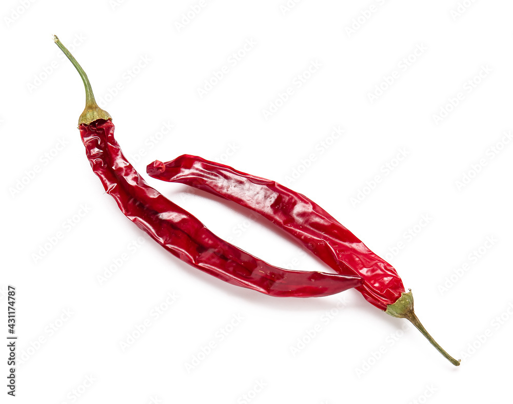 Dry chili peppers on white background