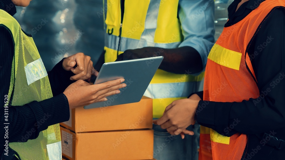 Warehouse worker working together in the storehouse . Logistics , supply chain and warehouse busines