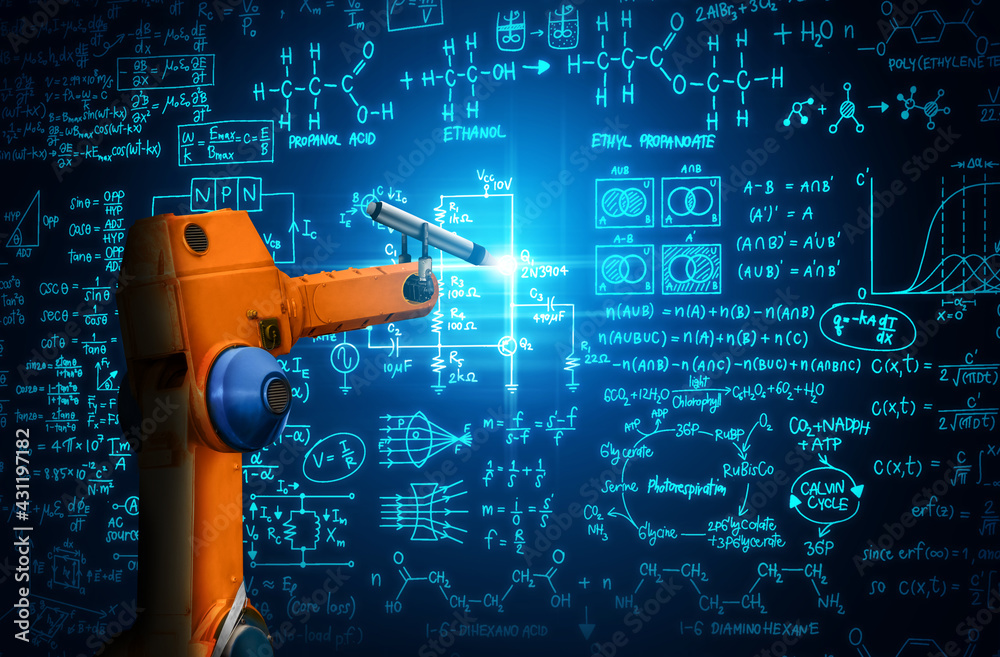 Robot arm AI analyzing mathematics for mechanized industry problem solving . Concept of robotics tec