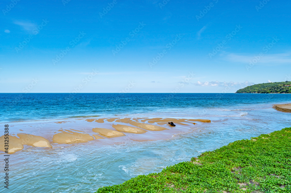 Summer background of Beautiful sandy beach Wave crashing on sandy shore Landscape nature view Romant