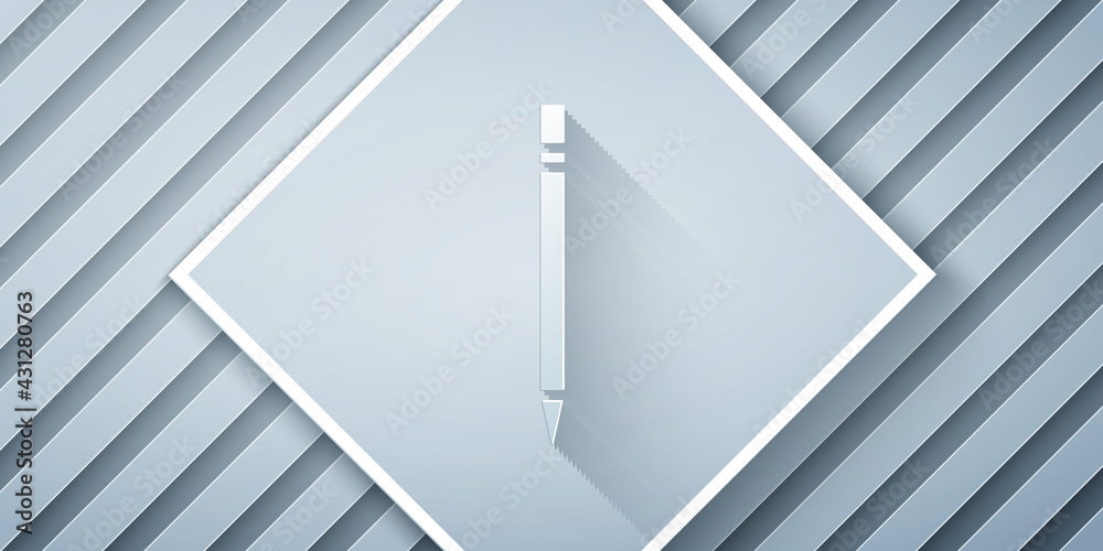 Paper cut Pencil with eraser icon isolated on grey background. Drawing and educational tools. School