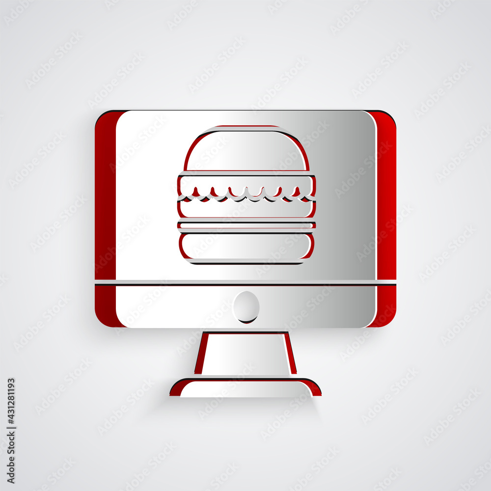 Paper cut Online ordering and fast food delivery icon isolated on grey background. Paper art style. 